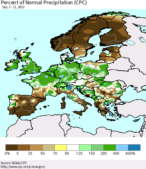 Europe Percent of Normal Precipitation (CPC) Thematic Map For 9/5/2022 - 9/11/2022