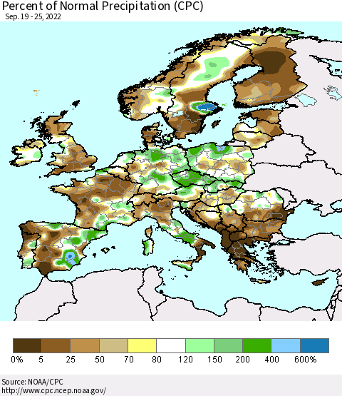 Europe Percent of Normal Precipitation (CPC) Thematic Map For 9/19/2022 - 9/25/2022