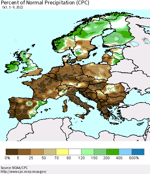 Europe Percent of Normal Precipitation (CPC) Thematic Map For 10/3/2022 - 10/9/2022