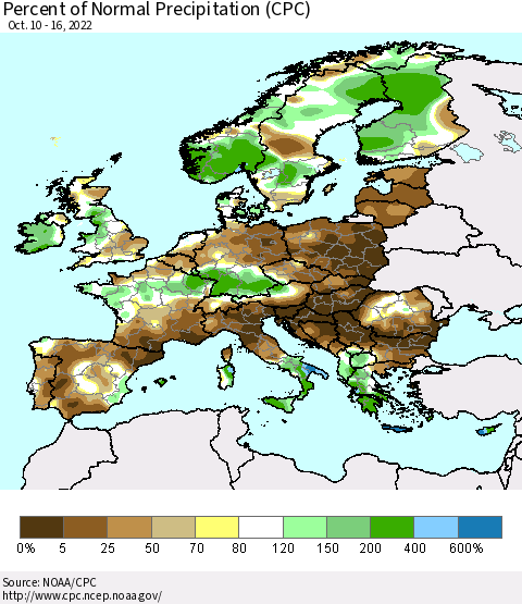 Europe Percent of Normal Precipitation (CPC) Thematic Map For 10/10/2022 - 10/16/2022