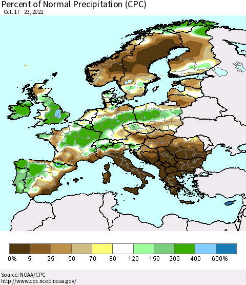Europe Percent of Normal Precipitation (CPC) Thematic Map For 10/17/2022 - 10/23/2022