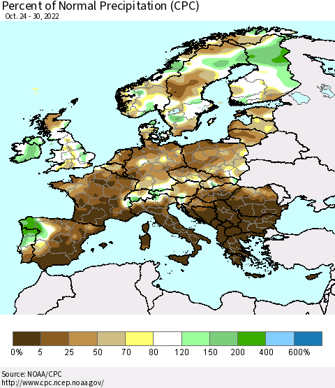 Europe Percent of Normal Precipitation (CPC) Thematic Map For 10/24/2022 - 10/30/2022