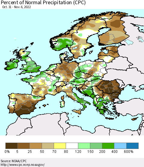 Europe Percent of Normal Precipitation (CPC) Thematic Map For 10/31/2022 - 11/6/2022