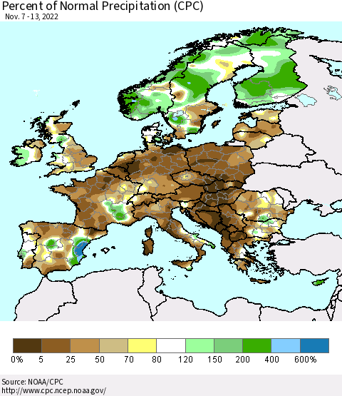 Europe Percent of Normal Precipitation (CPC) Thematic Map For 11/7/2022 - 11/13/2022