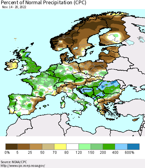 Europe Percent of Normal Precipitation (CPC) Thematic Map For 11/14/2022 - 11/20/2022