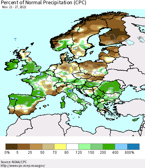 Europe Percent of Normal Precipitation (CPC) Thematic Map For 11/21/2022 - 11/27/2022