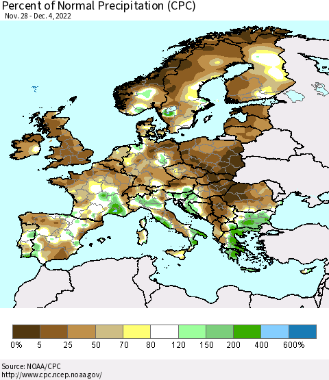 Europe Percent of Normal Precipitation (CPC) Thematic Map For 11/28/2022 - 12/4/2022