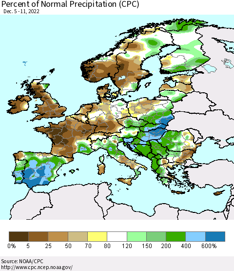 Europe Percent of Normal Precipitation (CPC) Thematic Map For 12/5/2022 - 12/11/2022