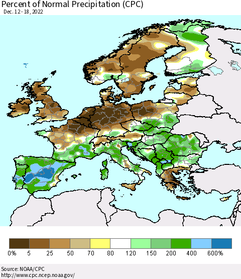 Europe Percent of Normal Precipitation (CPC) Thematic Map For 12/12/2022 - 12/18/2022