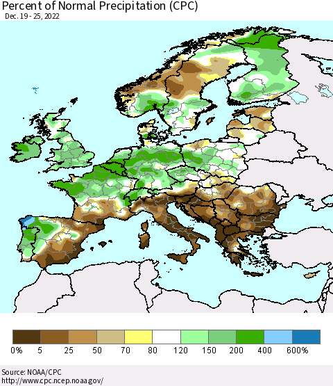 Europe Percent of Normal Precipitation (CPC) Thematic Map For 12/19/2022 - 12/25/2022