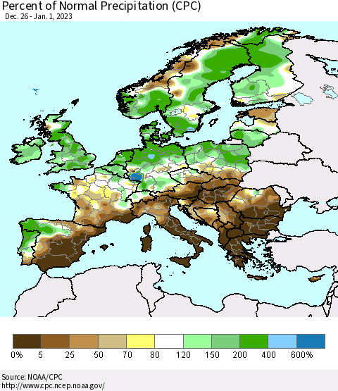 Europe Percent of Normal Precipitation (CPC) Thematic Map For 12/26/2022 - 1/1/2023