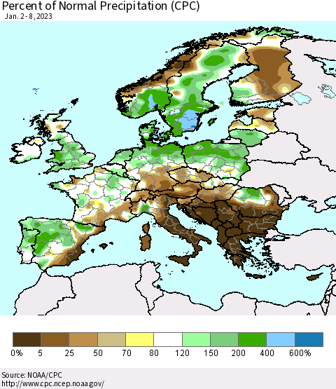 Europe Percent of Normal Precipitation (CPC) Thematic Map For 1/2/2023 - 1/8/2023