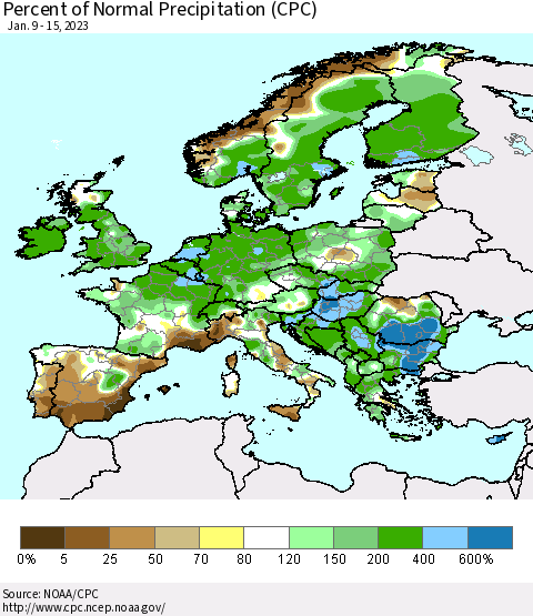 Europe Percent of Normal Precipitation (CPC) Thematic Map For 1/9/2023 - 1/15/2023