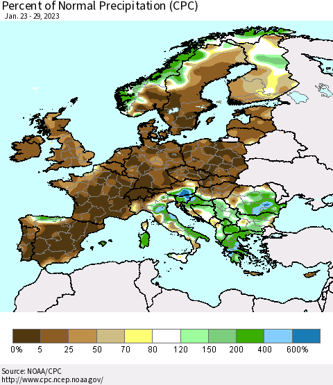 Europe Percent of Normal Precipitation (CPC) Thematic Map For 1/23/2023 - 1/29/2023