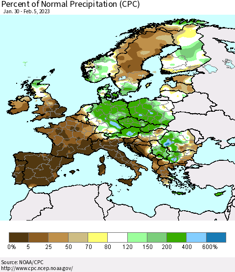 Europe Percent of Normal Precipitation (CPC) Thematic Map For 1/30/2023 - 2/5/2023