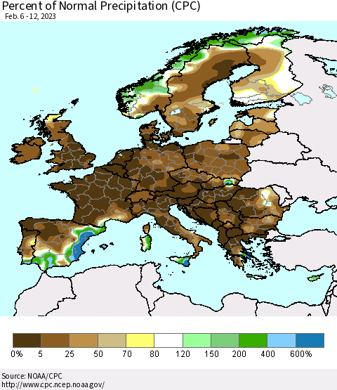 Europe Percent of Normal Precipitation (CPC) Thematic Map For 2/6/2023 - 2/12/2023