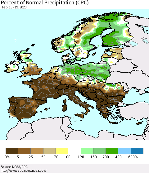 Europe Percent of Normal Precipitation (CPC) Thematic Map For 2/13/2023 - 2/19/2023