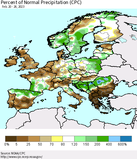Europe Percent of Normal Precipitation (CPC) Thematic Map For 2/20/2023 - 2/26/2023