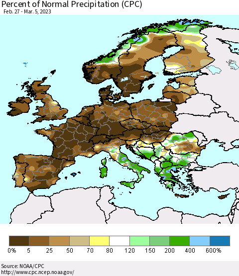 Europe Percent of Normal Precipitation (CPC) Thematic Map For 2/27/2023 - 3/5/2023