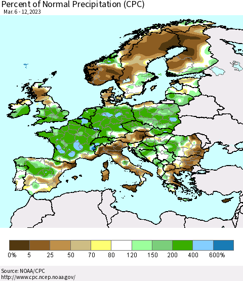 Europe Percent of Normal Precipitation (CPC) Thematic Map For 3/6/2023 - 3/12/2023