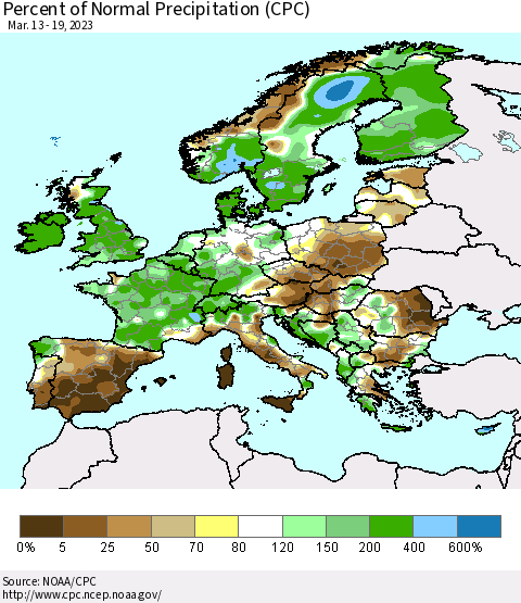 Europe Percent of Normal Precipitation (CPC) Thematic Map For 3/13/2023 - 3/19/2023