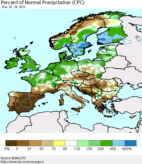 Europe Percent of Normal Precipitation (CPC) Thematic Map For 3/20/2023 - 3/26/2023