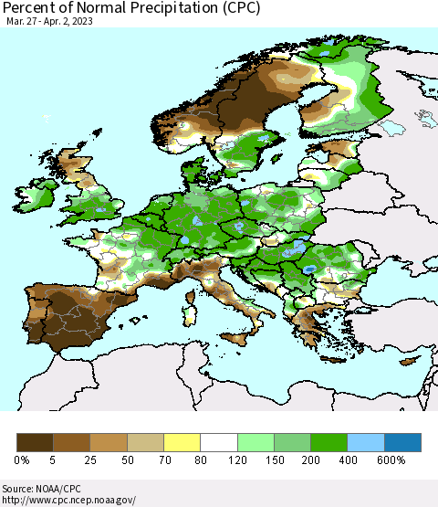 Europe Percent of Normal Precipitation (CPC) Thematic Map For 3/27/2023 - 4/2/2023