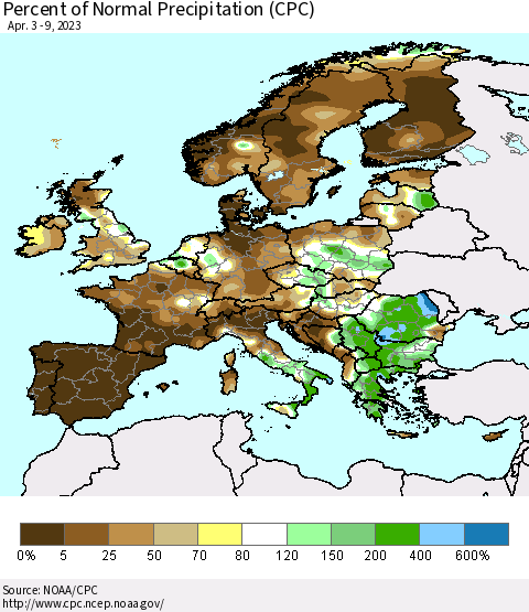 Europe Percent of Normal Precipitation (CPC) Thematic Map For 4/3/2023 - 4/9/2023