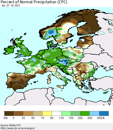 Europe Percent of Normal Precipitation (CPC) Thematic Map For 4/10/2023 - 4/16/2023