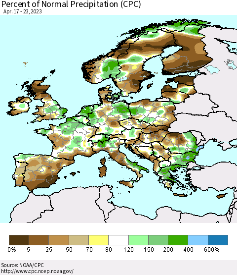 Europe Percent of Normal Precipitation (CPC) Thematic Map For 4/17/2023 - 4/23/2023