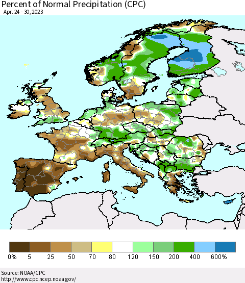 Europe Percent of Normal Precipitation (CPC) Thematic Map For 4/24/2023 - 4/30/2023