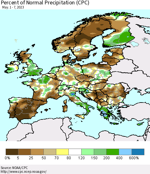 Europe Percent of Normal Precipitation (CPC) Thematic Map For 5/1/2023 - 5/7/2023