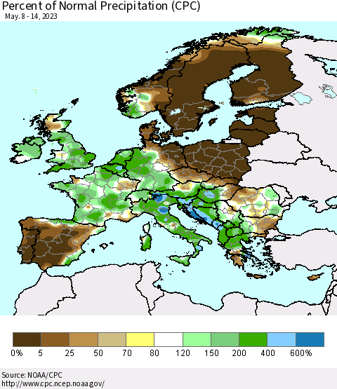Europe Percent of Normal Precipitation (CPC) Thematic Map For 5/8/2023 - 5/14/2023