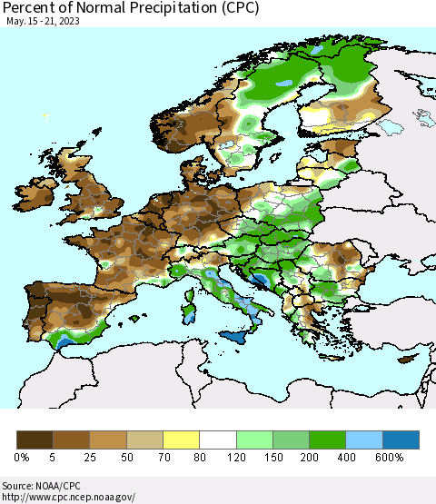 Europe Percent of Normal Precipitation (CPC) Thematic Map For 5/15/2023 - 5/21/2023