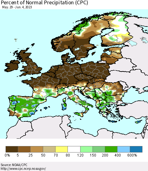 Europe Percent of Normal Precipitation (CPC) Thematic Map For 5/29/2023 - 6/4/2023