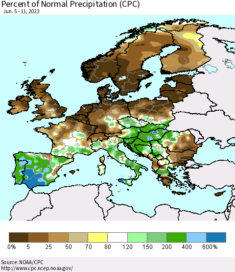 Europe Percent of Normal Precipitation (CPC) Thematic Map For 6/5/2023 - 6/11/2023