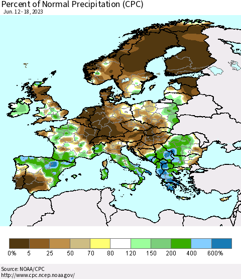 Europe Percent of Normal Precipitation (CPC) Thematic Map For 6/12/2023 - 6/18/2023