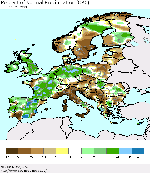 Europe Percent of Normal Precipitation (CPC) Thematic Map For 6/19/2023 - 6/25/2023
