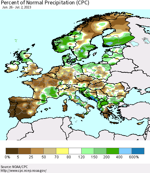 Europe Percent of Normal Precipitation (CPC) Thematic Map For 6/26/2023 - 7/2/2023