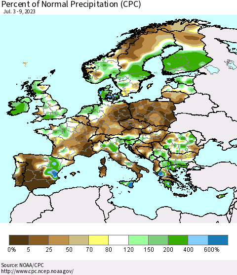 Europe Percent of Normal Precipitation (CPC) Thematic Map For 7/3/2023 - 7/9/2023