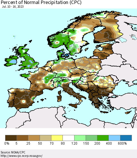 Europe Percent of Normal Precipitation (CPC) Thematic Map For 7/10/2023 - 7/16/2023