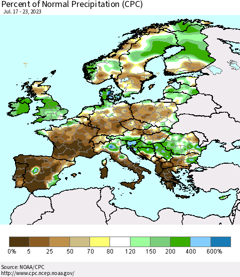 Europe Percent of Normal Precipitation (CPC) Thematic Map For 7/17/2023 - 7/23/2023