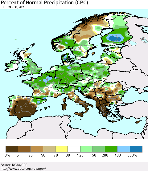 Europe Percent of Normal Precipitation (CPC) Thematic Map For 7/24/2023 - 7/30/2023