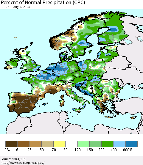 Europe Percent of Normal Precipitation (CPC) Thematic Map For 7/31/2023 - 8/6/2023