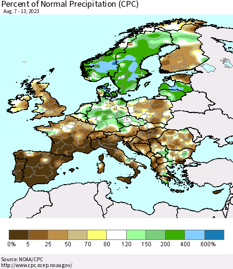 Europe Percent of Normal Precipitation (CPC) Thematic Map For 8/7/2023 - 8/13/2023