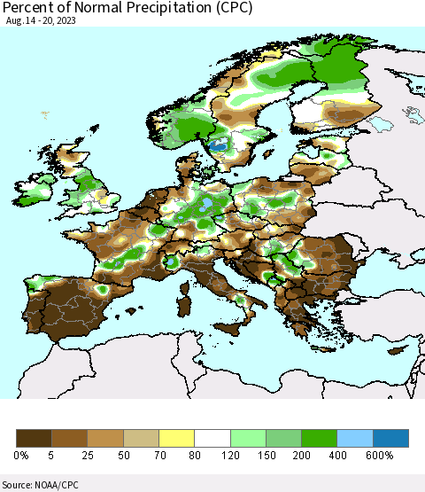 Europe Percent of Normal Precipitation (CPC) Thematic Map For 8/14/2023 - 8/20/2023