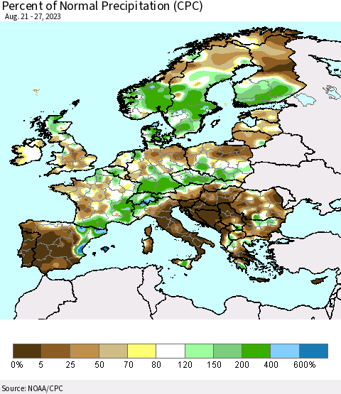 Europe Percent of Normal Precipitation (CPC) Thematic Map For 8/21/2023 - 8/27/2023