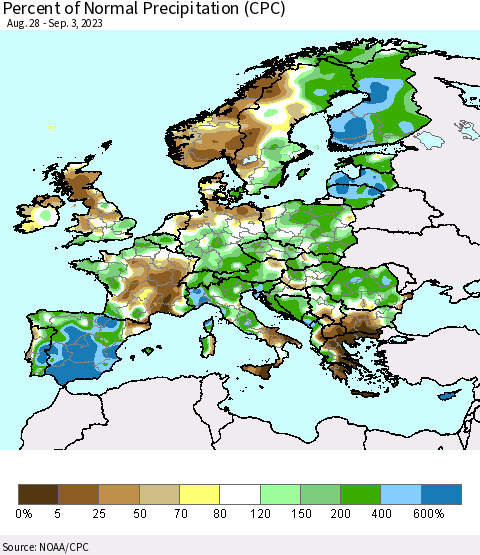 Europe Percent of Normal Precipitation (CPC) Thematic Map For 8/28/2023 - 9/3/2023