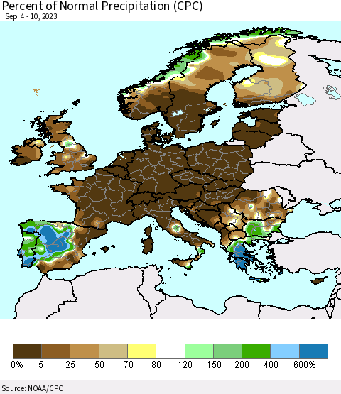 Europe Percent of Normal Precipitation (CPC) Thematic Map For 9/4/2023 - 9/10/2023