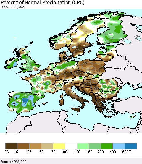Europe Percent of Normal Precipitation (CPC) Thematic Map For 9/11/2023 - 9/17/2023